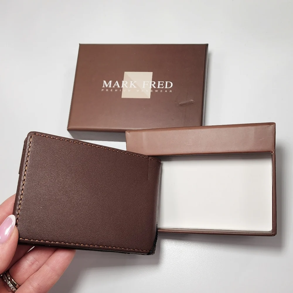 Mark Fred Men’s Bifold Wallet Brown Faux Leather With Metal Money Clip